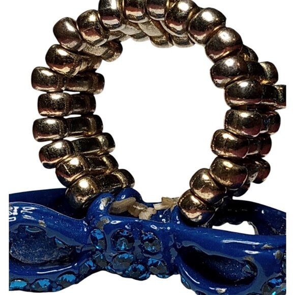 Vintage Cobalt Blue Bow Stretch Ring Enameled Rhinestone Encrusted Silver Tone - Picture 8 of 9